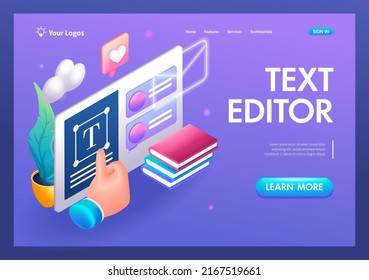 Isometric 3D, caricatura. Programa de edición de texto. Una aplicación móvil en un tablet. Página de inicio de tendencia