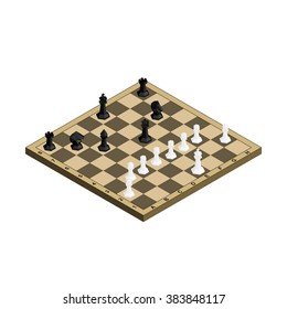 3D isometric chess board with black and white figures. Vector illustration.