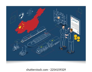 3D isometrisches China Logistics Konzept mit Import- und Export Ladungsverteilung und Lagerdienst. Vektorgrafik-Sps10