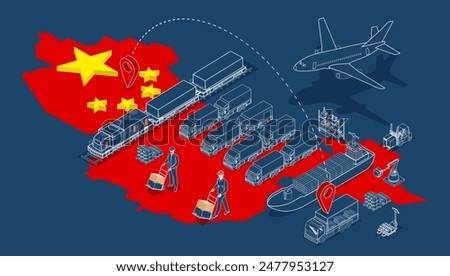 3D isometric China Logistics and Transportation network Concept with air cargo trucking rail, transportation maritime shipping. Vector illustration EPS 10