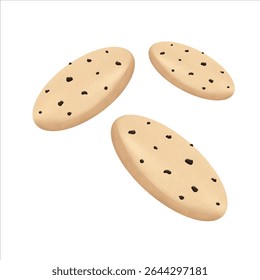  3D isometric chocolate chip cookies on white background. Realistic vector illustration for food ads, packaging, or digital media use.