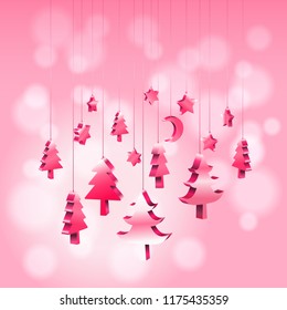 3D isometric Christmas ornaments hanging rope in red pink with bokeh blurry background with copy space, Vector illustration EPS10
