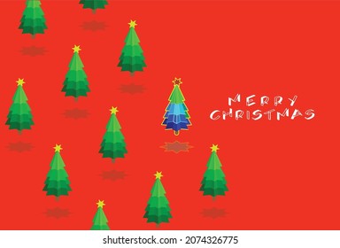3D isometric Christmas tree, one of which is glowing, brightly colored, and the title is Merry Christmas, in a red background, projecting a high-tech, futuristic and happy feeling. vector.