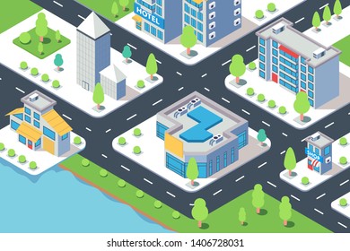 3d isometric city building with hotel, shop, river and natural tree. Concept modern urban street with house near water and road. Low poly. Vector illustration.