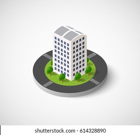 3D isometric city icon. Dimensional sign and symbol on urban theme with building, houses and structure for real estate agencies and sites