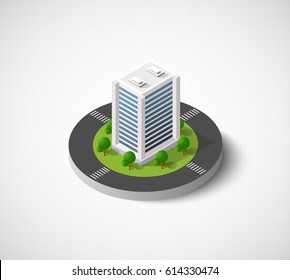 3D isometric city icon. Dimensional sign and symbol on urban theme with building, houses and structure for real estate agencies and sites