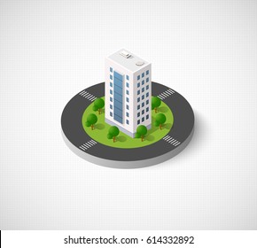 3D isometric city icon. Dimensional sign and symbol on urban theme with building, houses and structure for real estate agencies and sites