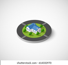 3D isometric city icon. Dimensional sign and symbol on urban theme with building, houses and structure for real estate agencies and sites