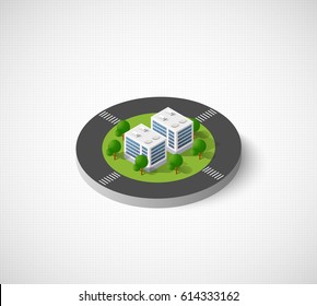 3D isometric city icon. Dimensional sign and symbol on urban theme with building, houses and structure for real estate agencies and sites