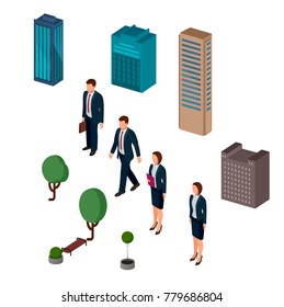 3d Isometric city icon set. skyscraper model. with business figure of man and woman. business buildings. real estate icon. Set of buildings. modern town concept. city street. high-rise building. urban