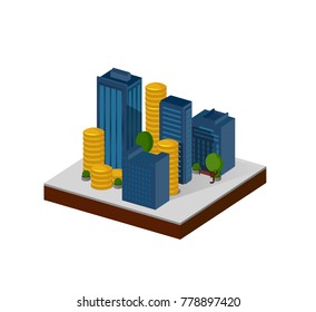 3d Isometric city icon. skyscraper model. with money icon. Financial success concept.   business buildings. real estate icon. Set of buildings. modern town concept. high-rise building. Urban space 
