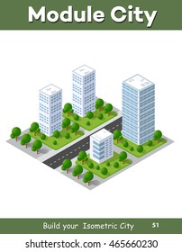 3D isometric city landscape of skyscrapers, houses, gardens and streets in a three-dimensional top view