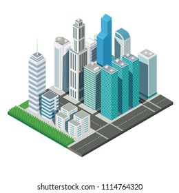 3D isometric city map skyscraper landscape and streets tree, illustration vector