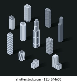 3D isometric city skyscraper icon set black and white, illustration vector