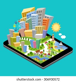 3d isometric city with the specified destination point on the tablet screen. City navigation app. Vector illustration
