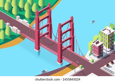 3d isometric classic new york bridge with urban landscape. Concept city roads with architecture, tree and travel across river. Low poly. Vector illustration.