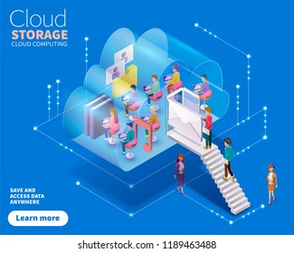 3d isometric cloud computing, people using service in could shape symbol