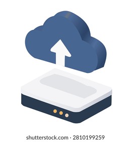 3D isometric cloud computing upload concept illustration. Cloud storage database server technology with arrow icon. Data synchronization, backup system, hosting and network infrastructure vector.