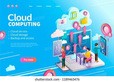 3d isometric cloud computing webpage design, people using could service uploading data