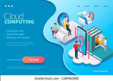 3d isometric cloud computing webpage design, people using could service uploading data