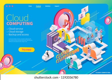 3d isometric cloud computing webpage design, could service city with people living in it