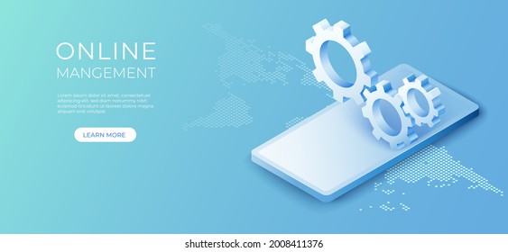 3D isometric cog gear on mobile background. Online business management concept. Vector art illustration