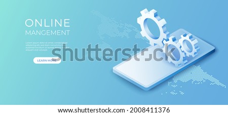 3D isometric cog gear on mobile background. Online business management concept. Vector art illustration