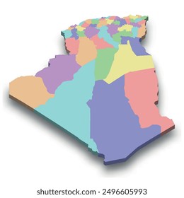 3d isometric colored map of Algeria with borders of regions