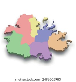 3d isometric colored map of Antigua and Barbuda with borders of regions