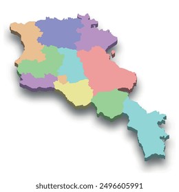 3d isometric colored map of Armenia with borders of regions