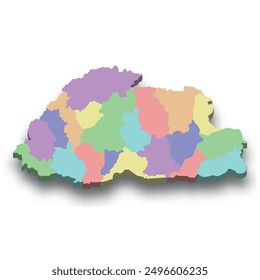 3d isometric colored map of Bhutan with borders of regions