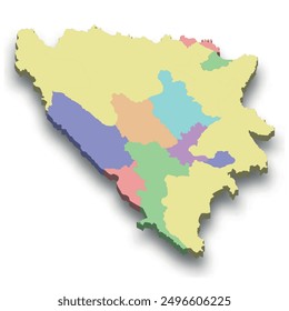 3d isometric colored map of Bosnia and Herzegovina with borders of regions