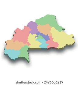 3d isometric colored map of Burkina Faso with borders of regions