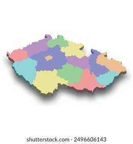 Mapa isométrico 3D de color de la República Checa con fronteras de regiones