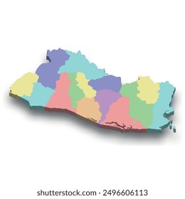 3d isometric colored map of El Salvador with borders of regions