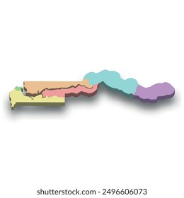 Mapa isométrico en 3D de Gambia con fronteras de regiones