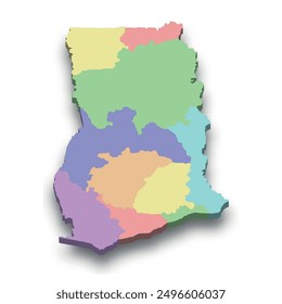 3d isometric colored map of Ghana with borders of regions