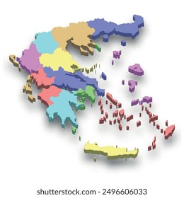 3d isometric colored map of Greece with borders of regions