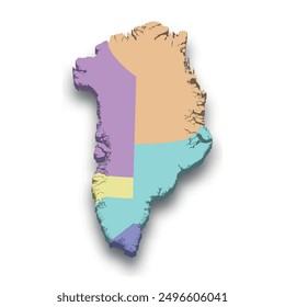 3d isometric colored map of Greenland with borders of regions