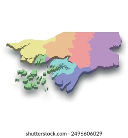 3d isometric colored map of Guinea-Bissau with borders of regions