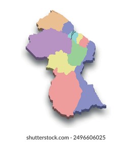 3d isometric colored map of Guyana with borders of regions