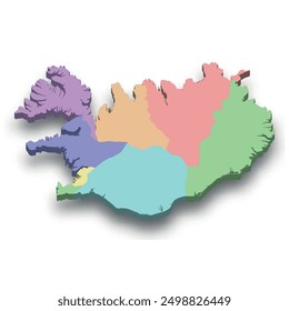 3d isometric colored map of Iceland with borders of regions