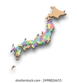 3d isometric colored map of Japan with borders of prefectures