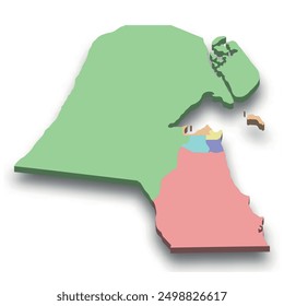 3d isometric colored map of Kuwait with borders of regions