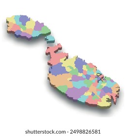 3d isometric colored map of Malta with borders of regions