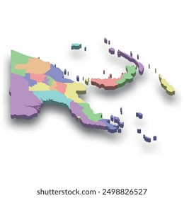 3d isometric colored map of Papua New Guinea with borders of regions