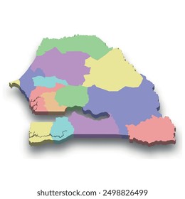 3d isometric colored map of Senegal with borders of regions