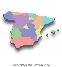 3d isometric colored map of Spain with borders of regions