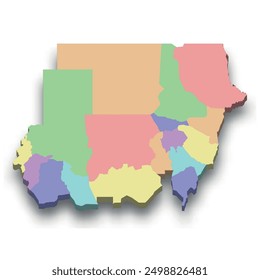 3d isometric colored map of Sudan with borders of regions