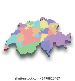 3d isometric colored map of Switzerland with borders of regions